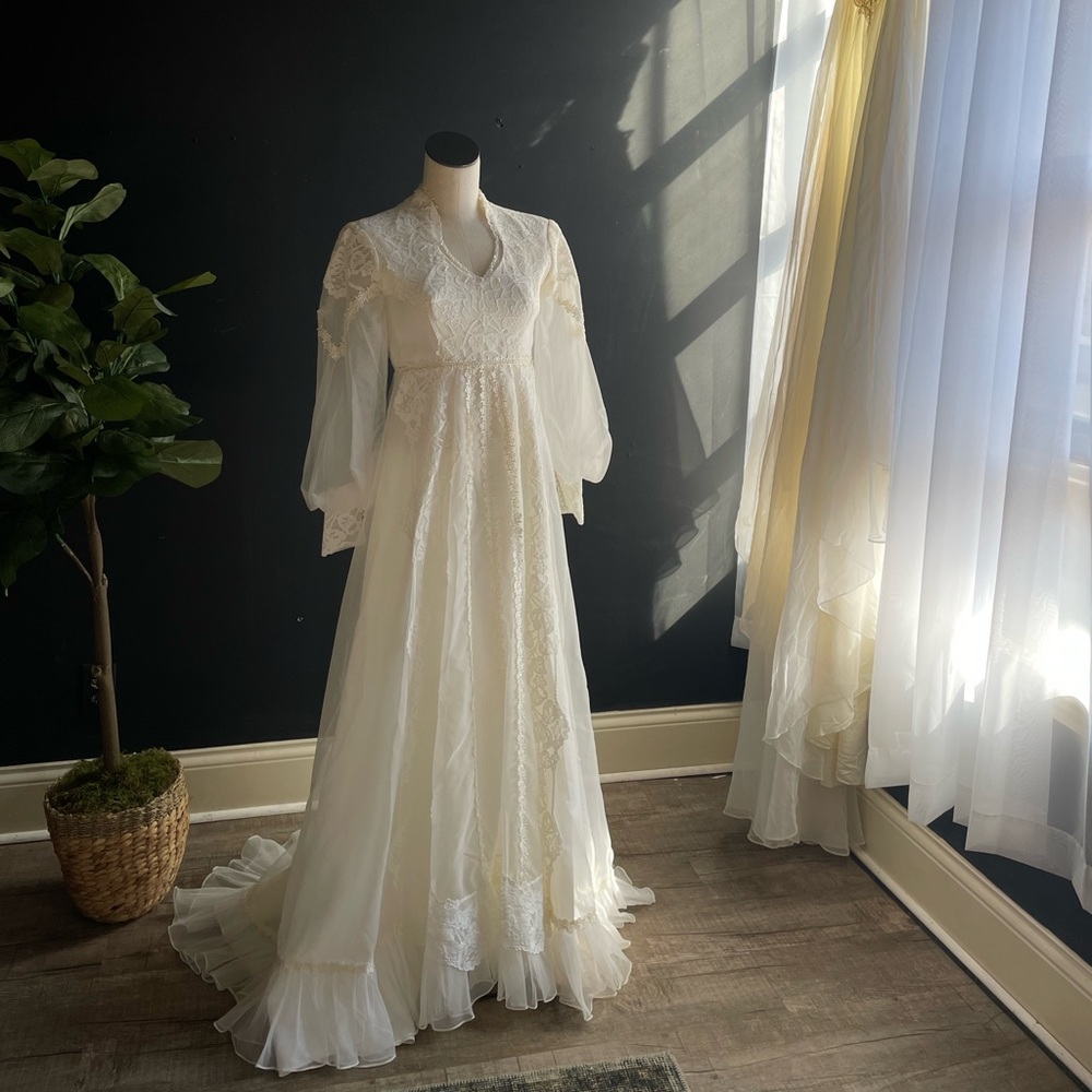 Vintage Wedding Dress 70s 80s Womens 3/4 Off White Empire Waist V Neck